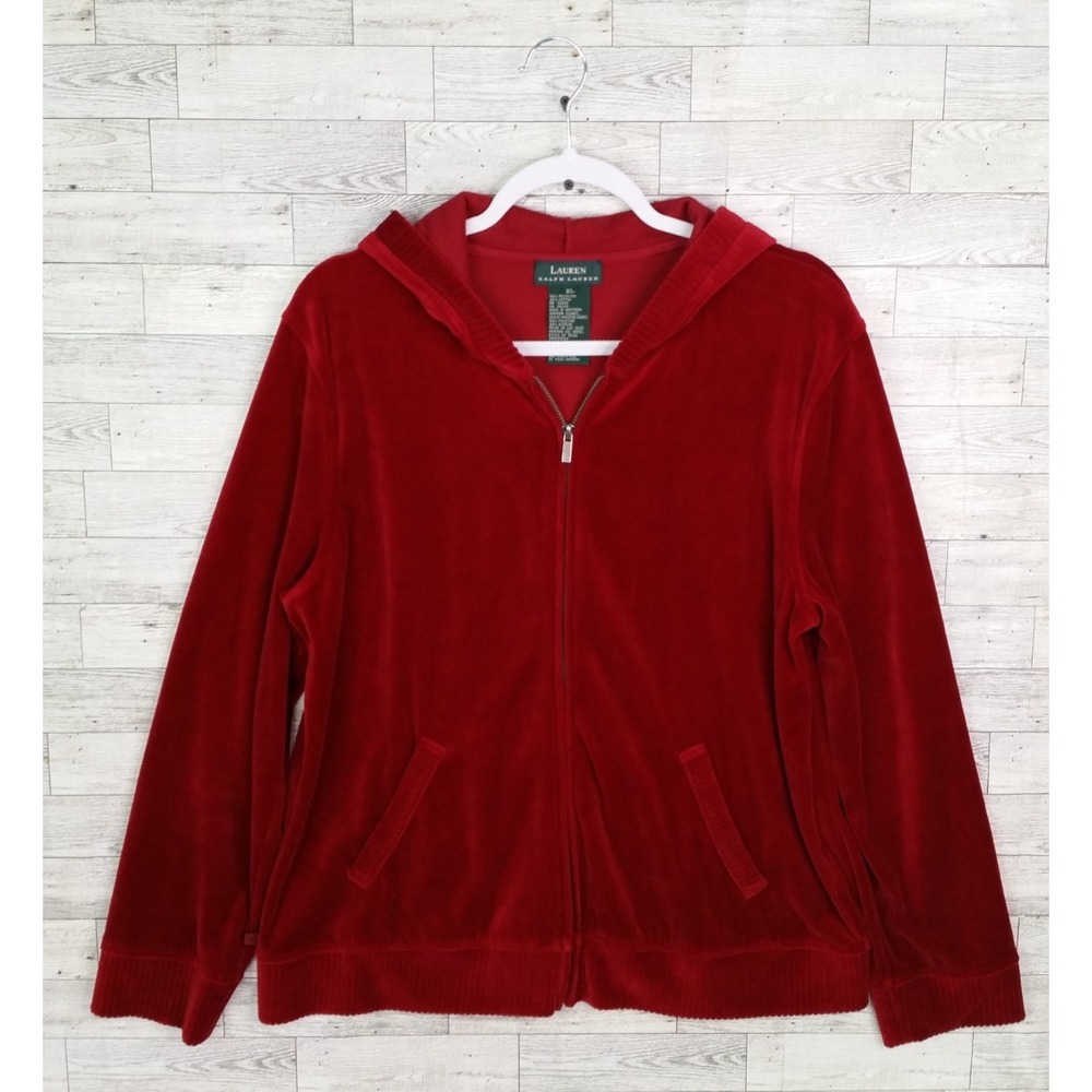 Women's Y2K Ralph Lauren Ruby Red Full Zip Velour Hoodie Jacket Zip Up Size XL
